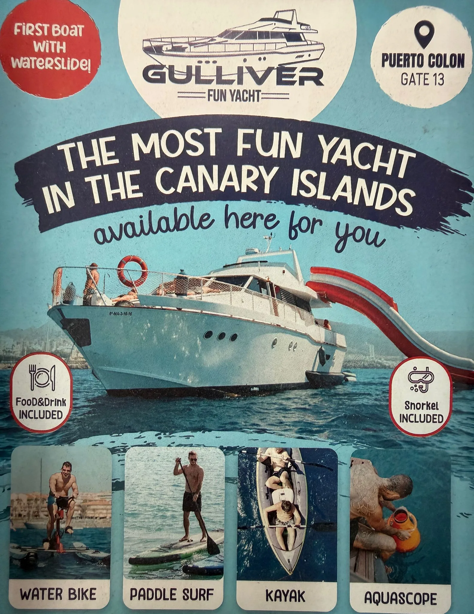Fun Yacht with water bike and paddle surf in Tenerife