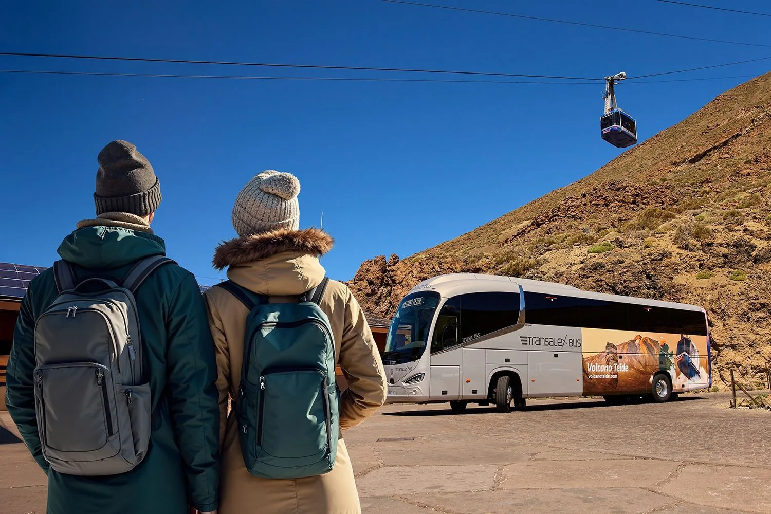 Tourist bus on the scenic Mount Teide road in Tenerife